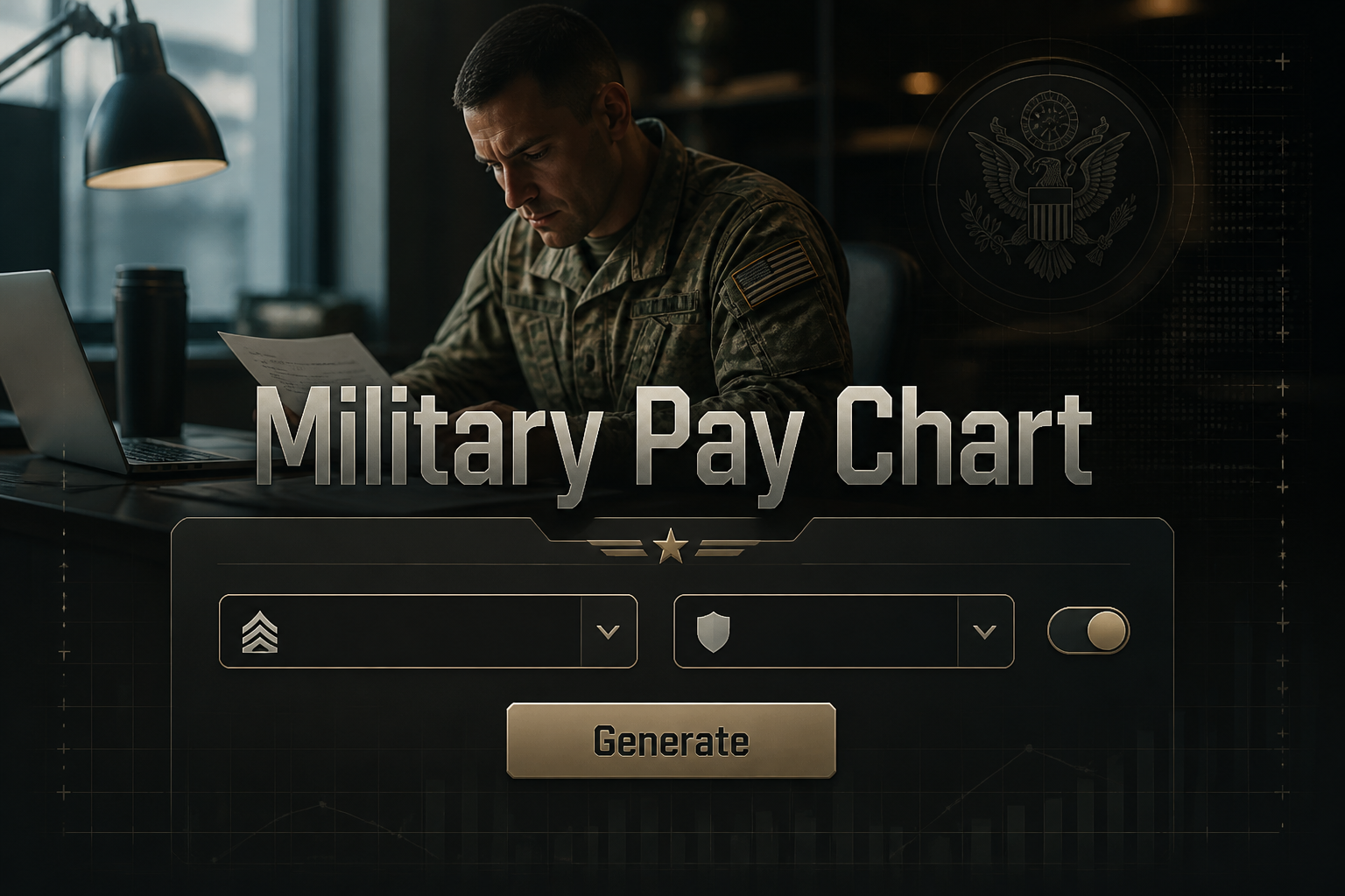 Featured hero image for a military pay chart tool with the title Military Pay Chart, a rank input, service branch dropdown, compact toggle, and Generate button over a polished finance UI with military compensation calculator details.