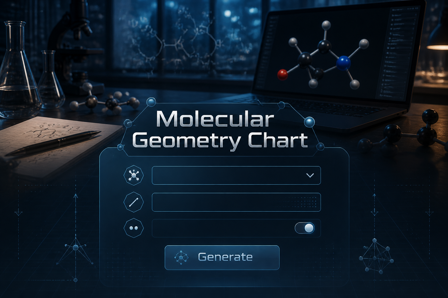 Molecular Geometry Chart hero image with a sleek scientific UI, dropdown for molecule type, bond pairs field, show lone pairs toggle, and Generate button, set over a high-contrast molecular modeling background with subtle grid lines and alignment arrows.