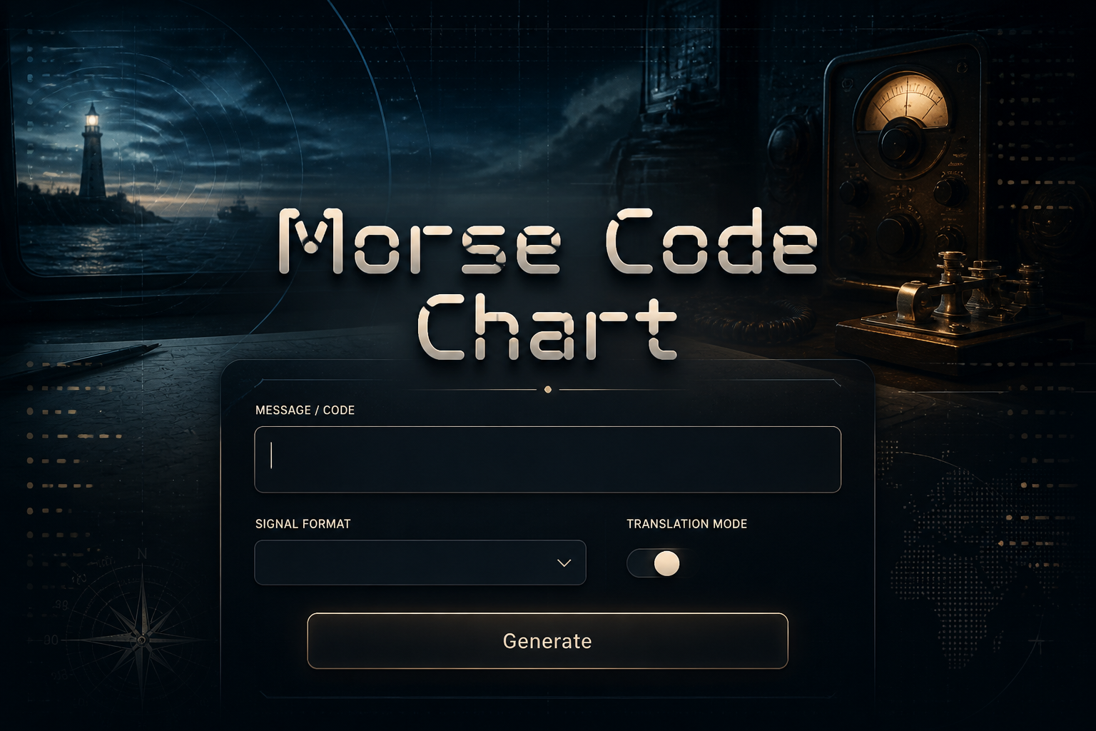 Centered hero image for a Morse Code Chart tool with prominent Morse Code Chart text, a message input field, signal format dropdown, translation toggle, and Generate button over a sleek radio communication background with faint grid lines and navigation arrows, ideal for a morse code chart reference.