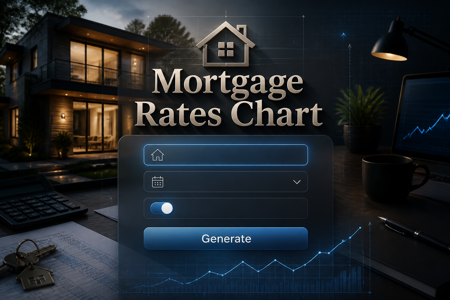 Mortgage Rates Chart hero image showing a centered mortgage calculator-style panel with a mortgage amount field, loan term dropdown, rate toggle, and Generate button over a modern home finance desk background, ideal for mortgage rate comparison chart tools.
