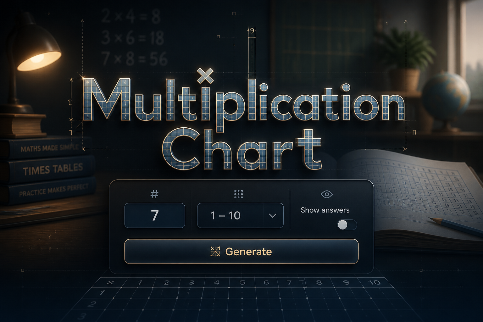 Centered hero graphic showing "Multiplication Chart" above a sleek calculator-style panel with number input, range dropdown, show answers toggle, and Generate button, in a premium multiplication chart tool design with classroom books and subtle grid lines in the background.