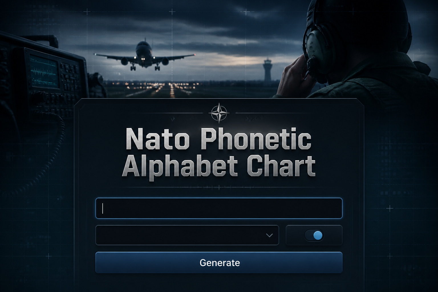 Centered sleek hero graphic for a Nato Phonetic Alphabet Chart tool with the title "Nato Phonetic Alphabet Chart," a sample input field, alphabet dropdown, compact toggle, and a "Generate" button over a fading aviation radio communication background.