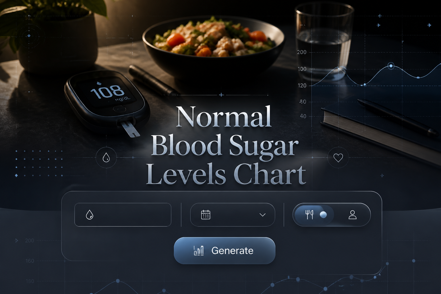 Centered hero graphic with the title Normal Blood Sugar Levels Chart above a sleek glucose tracking panel, showing a blood sugar value field, time range dropdown, fasting or after-meal toggle, and Generate button, ideal for normal blood sugar range chart use.