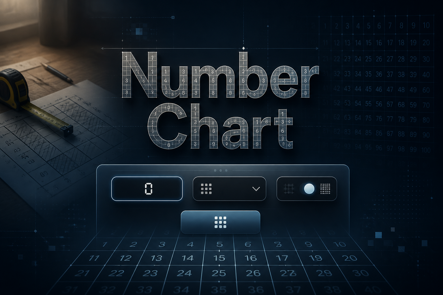 Centered hero graphic for a Number Chart tool with a soft-shadow title, starting number field, number range dropdown, grid density toggle, and Generate button, set over a premium chart interface with measurement visuals and faint grid lines.