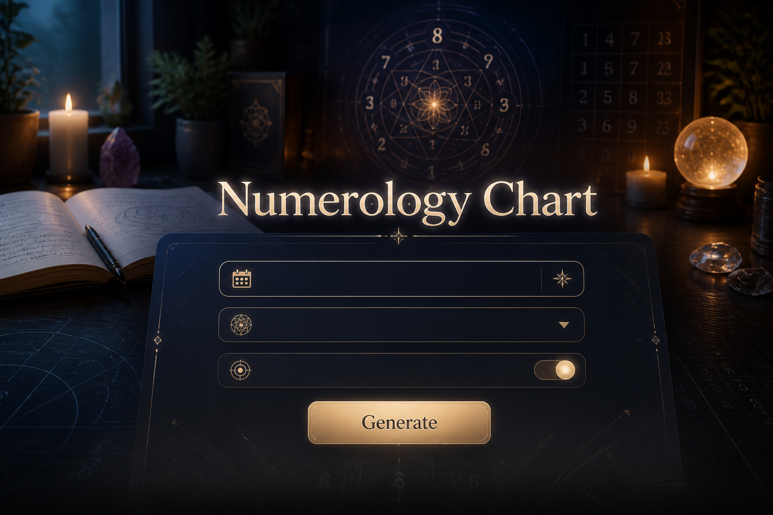 Featured hero image for a numerology chart tool with the title "Numerology Chart," a birth date input, life path dropdown, single chart toggle, and Generate button, set in a polished high-contrast UI with faint grid lines and premium tool aesthetics.