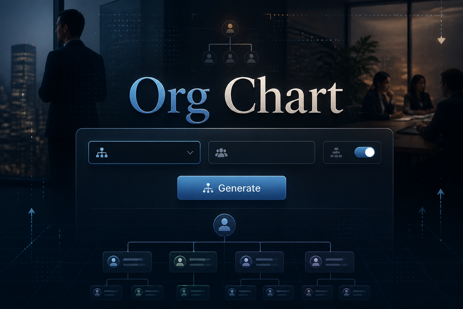 Centered hero graphic for an org chart tool showing the title Org Chart, a refined input panel with organization structure dropdown, team or department name field, hierarchy depth toggle, and Generate button over a sleek business UI background.
