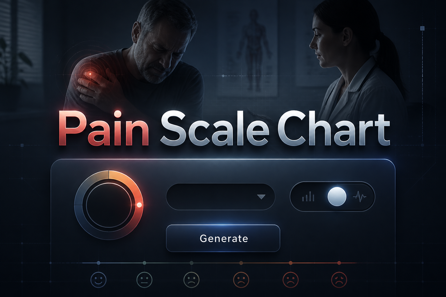 Centered sleek UI hero image with Pain Scale Chart text, a pain level input field, scale type dropdown, intensity toggle, and Generate button, featuring a premium pain scale chart tool interface with subtle grid lines and a fading clinical background.