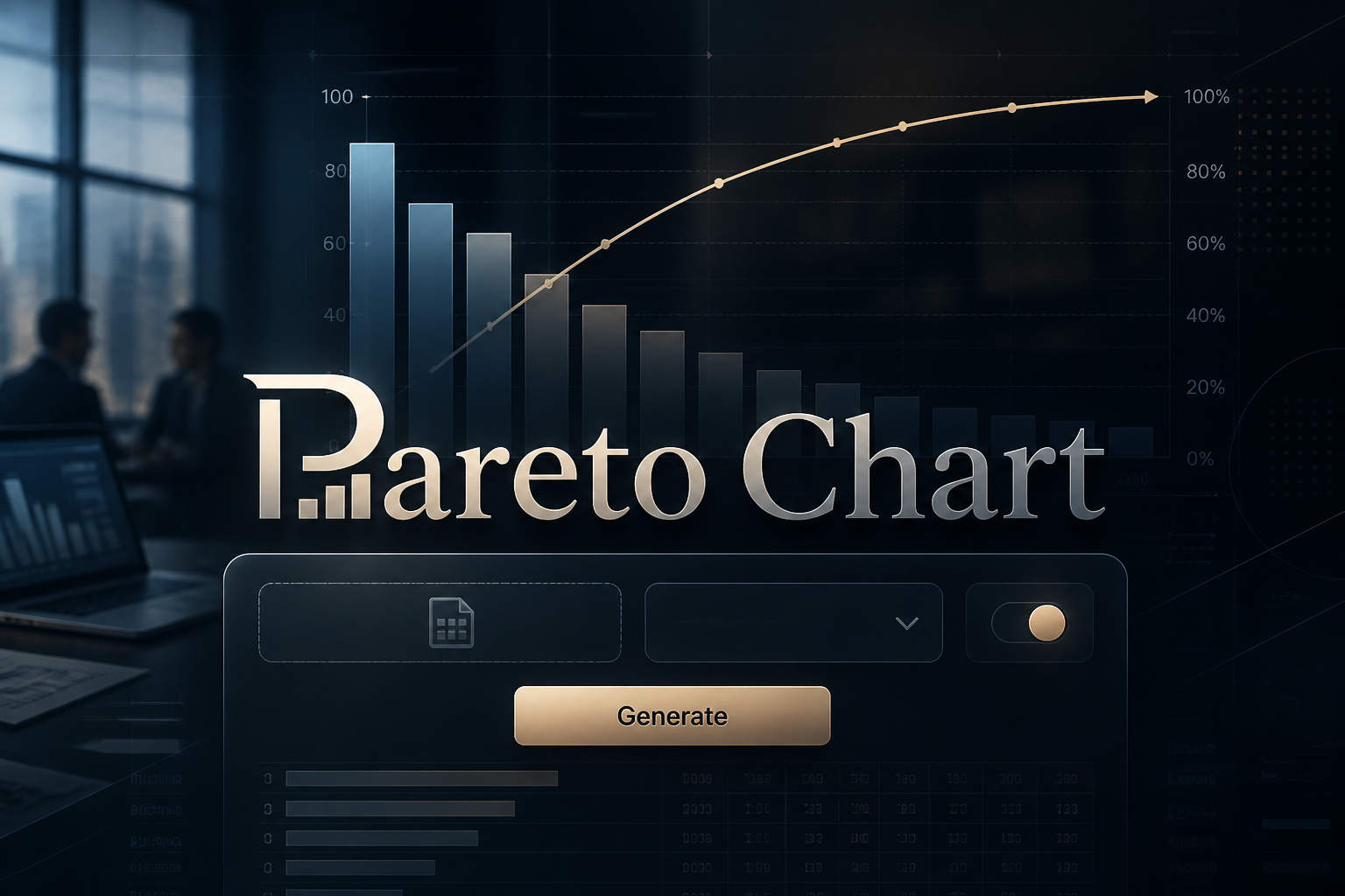 Hero image of a Pareto Chart tool with a centered panel showing category data input, sorting mode dropdown, cumulative line toggle, and Generate button, set over premium analytics graphics and chart bars for Pareto chart maker use.