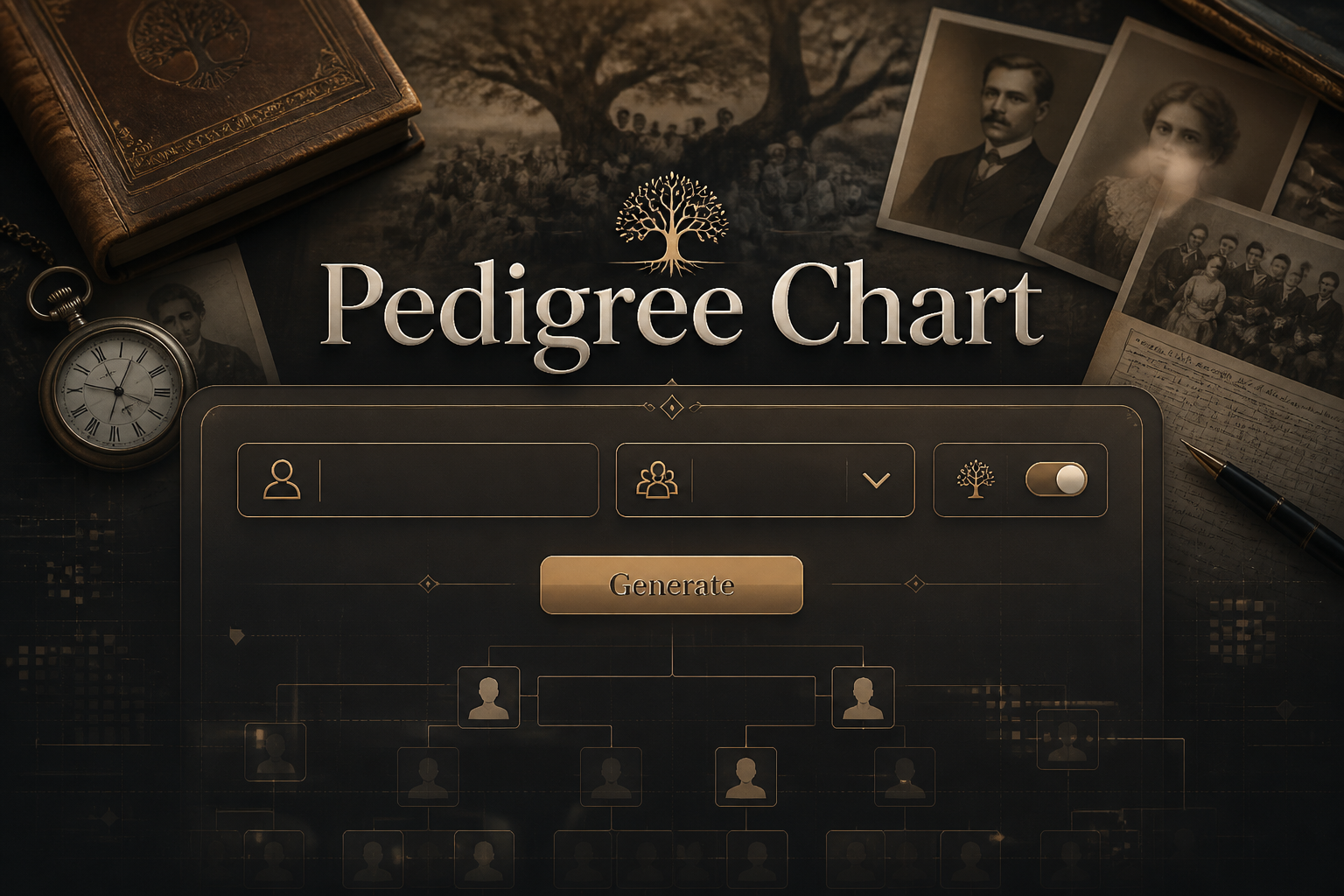 A refined hero image shows the words Pedigree Chart in soft shadow above a smart genealogy tool panel with a family name field, relationship dropdown, generations toggle, and Generate button over a dark family tree background with subtle grid lines.
