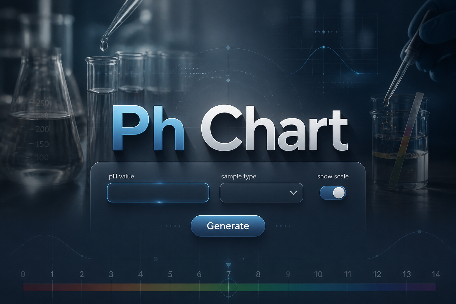 Featured hero graphic for a ph chart tool showing the text Ph Chart above a sleek UI panel with a pH value input field, sample type dropdown, show scale toggle, and Generate button, with lab testing visuals and liquid measurement in the background.