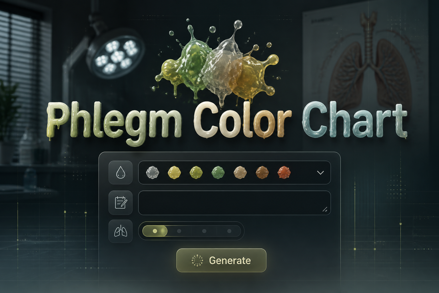 Centered premium hero graphic with the title Phlegm Color Chart above a sleek UI panel showing a phlegm color dropdown, symptom notes field, severity toggle, and Generate button over a clinic-style background, ideal for a phlegm color chart guide and mucus color chart reference