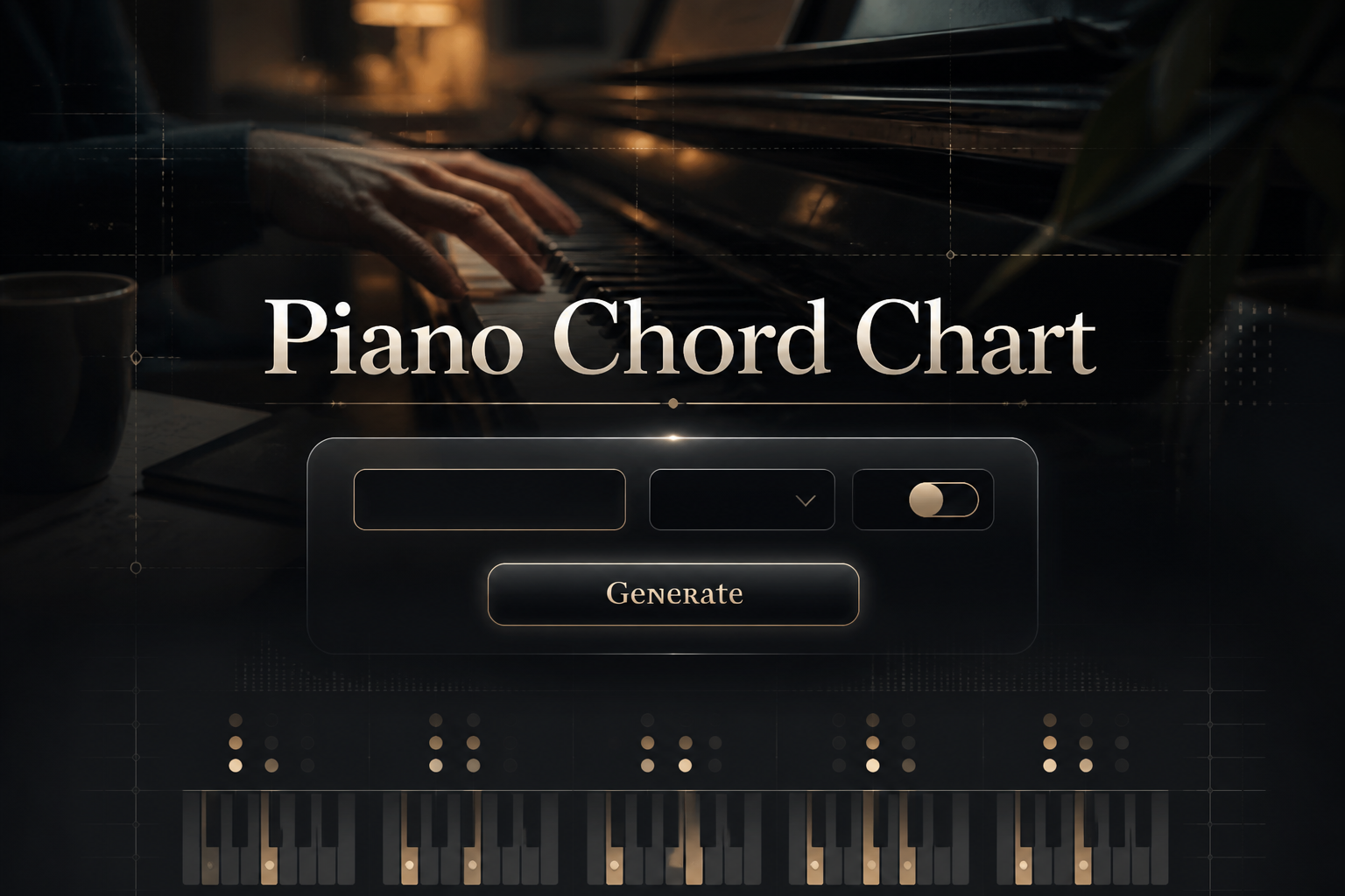 Centered premium hero image of a piano chord chart tool with the title text Piano Chord Chart, a key input, chord type dropdown, inversion toggle, and Generate button over a subtle piano-themed UI with faint grid accents, ideal for piano chord chart generator use.