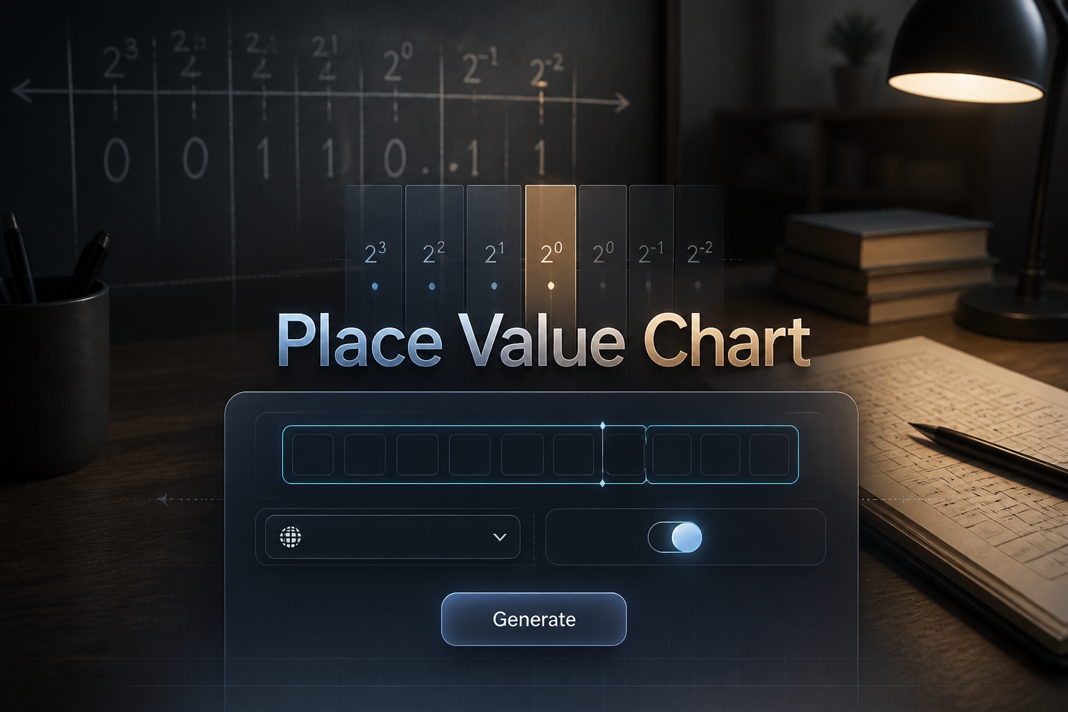 A polished hero graphic shows "Place Value Chart" above a sleek form with a place value digits input, number base dropdown, show decimals toggle, and Generate button, set over a classroom-style grid with alignment arrows and column markers.