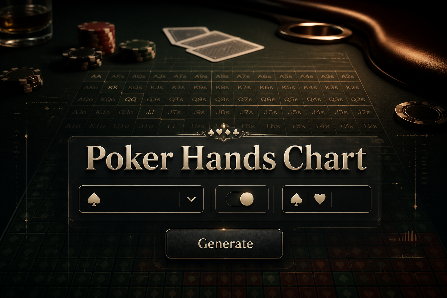 Poker Hands Chart hero image showing a polished poker-themed UI panel with hand selector dropdown, rank filter toggle, card example field, and Generate button over a high-contrast poker table background, ideal as a poker hand ranking chart tool visual.