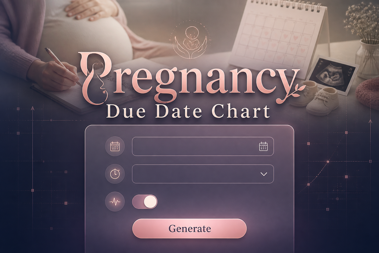 Centered hero image of a pregnancy due date chart tool with a soft-shadow title, date input for last menstrual period, pregnancy week range dropdown, cycle length toggle, and Generate button over a sleek prenatal planning UI background.