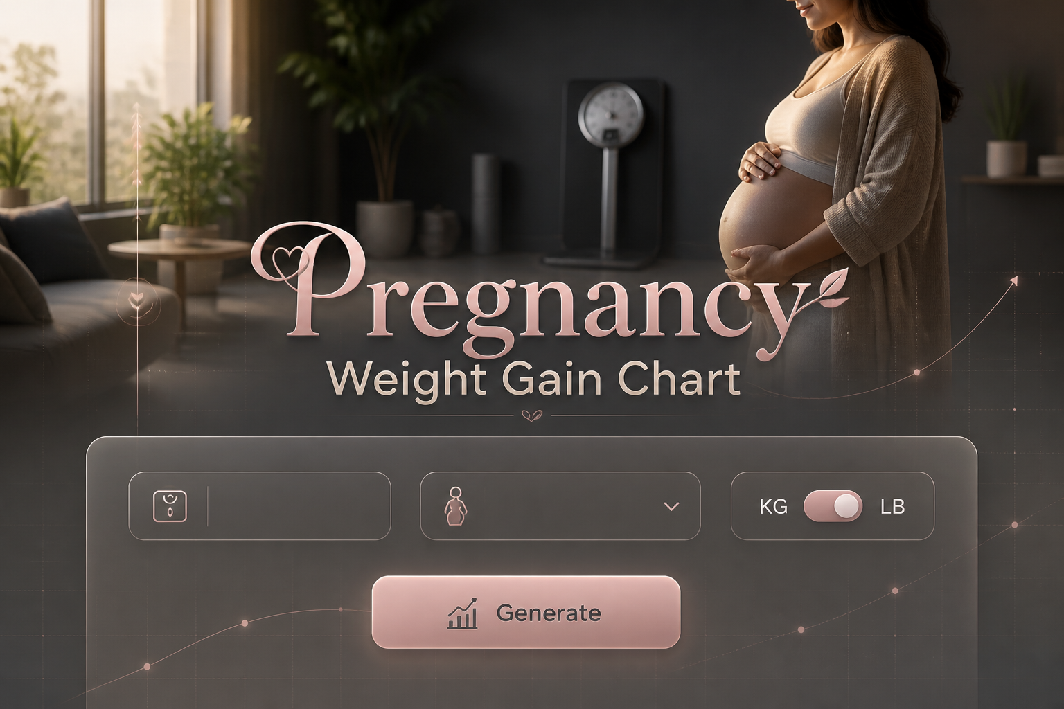 Centered hero graphic for a pregnancy weight gain chart tool with the title and polished input fields for current weight, trimester selection, units toggle, and Generate button over a calm prenatal wellness scene with a visible scale.