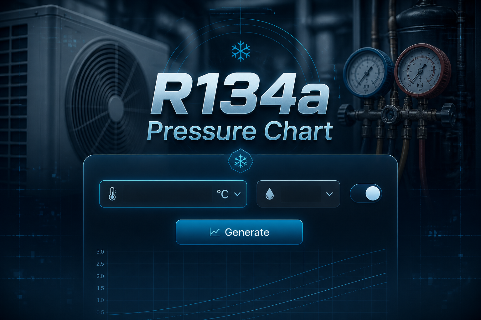 Featured hero image for an R134a pressure chart tool with the title text and a sleek panel showing a temperature input field, unit dropdown, pressure scale toggle, and Generate button over a cool refrigeration-themed background.