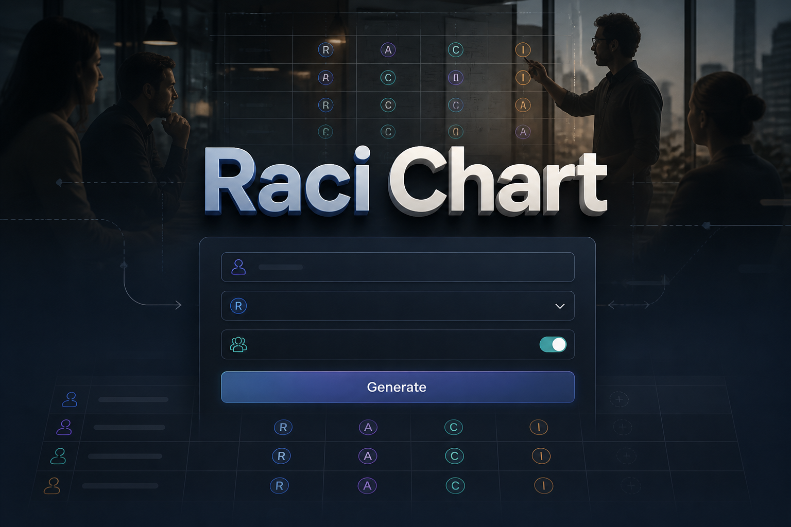 Centered hero image for a RACI chart tool with layered "Raci Chart" text above a sleek UI panel showing a role name input, responsibility type dropdown, assignment toggle, and Generate button, with subtle grid lines and workplace cues.