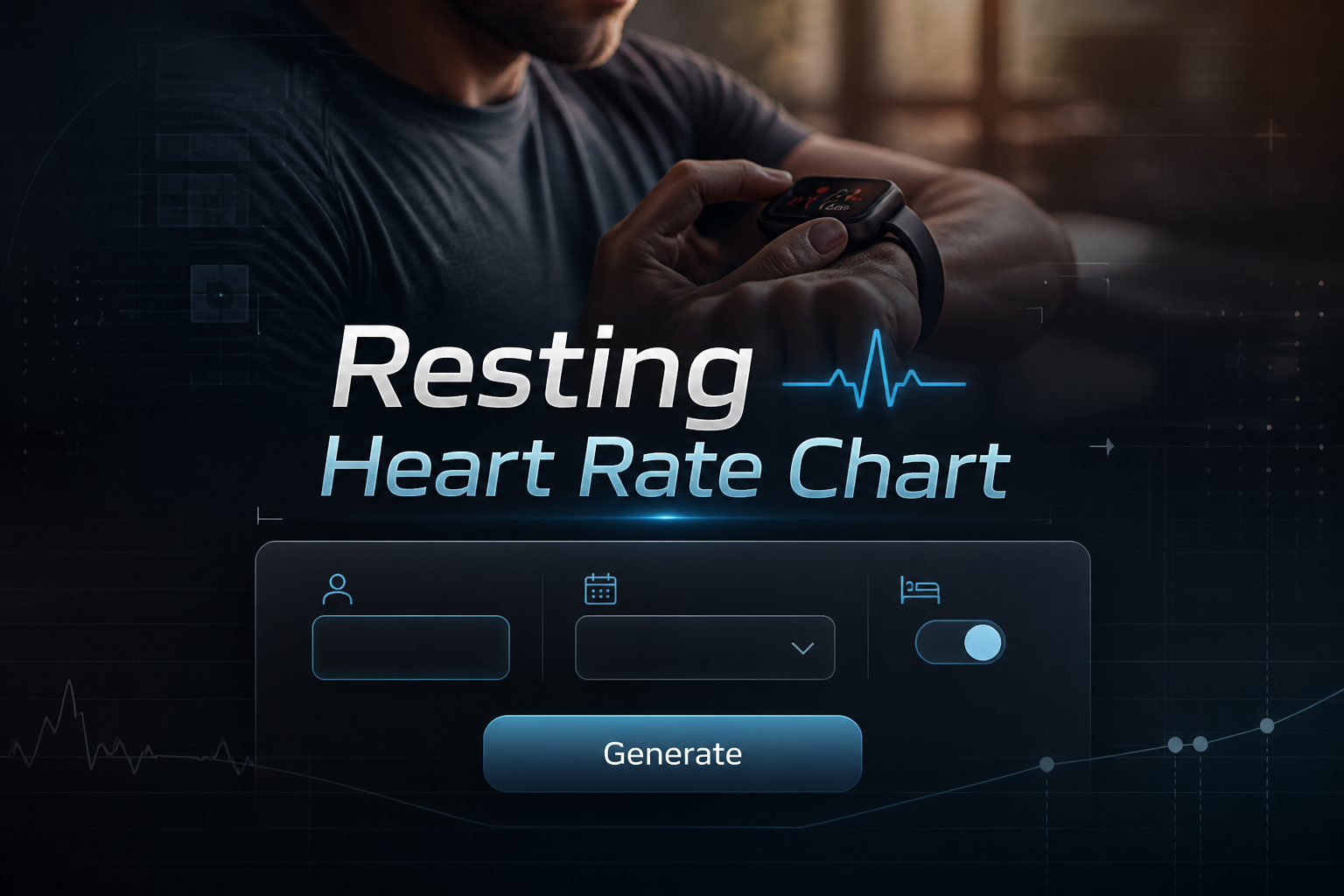 Centered hero graphic with "Resting Heart Rate Chart," an age input, measurement period dropdown, resting mode toggle, and Generate button over a sleek health-data UI, ideal for a resting heart rate chart tool and resting heart rate monitoring.