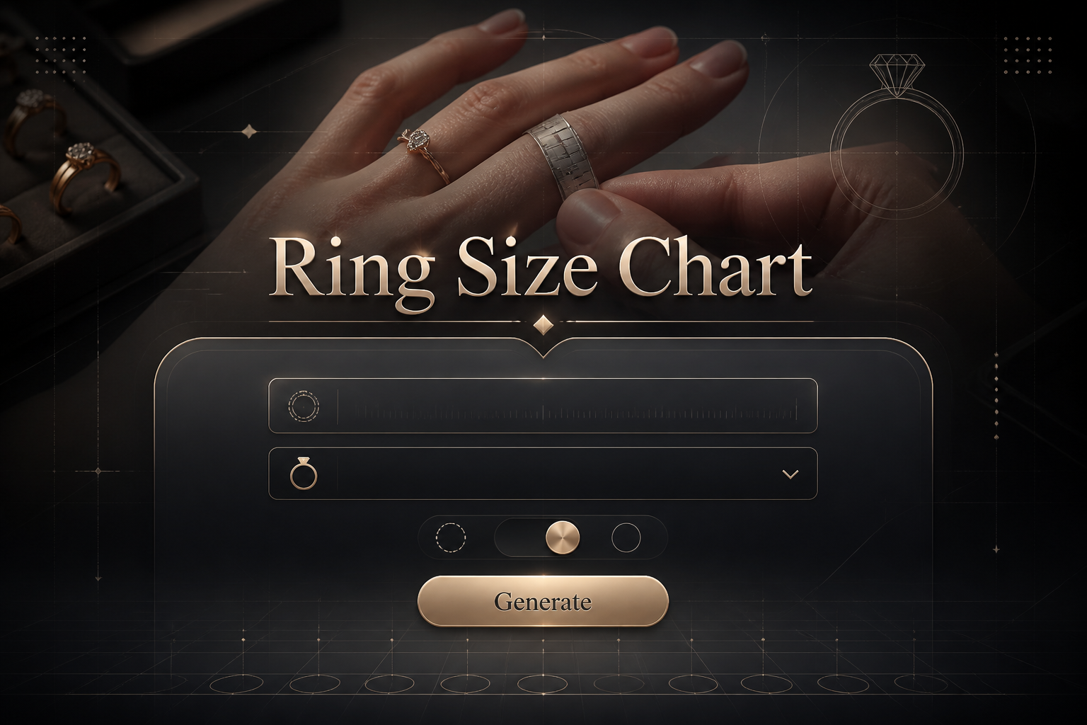 A sleek hero graphic for a ring size chart shows the title Ring Size Chart above a refined form with a finger circumference input, ring style dropdown, a small measurement toggle, and a Generate button over a premium jewelry fitting background.