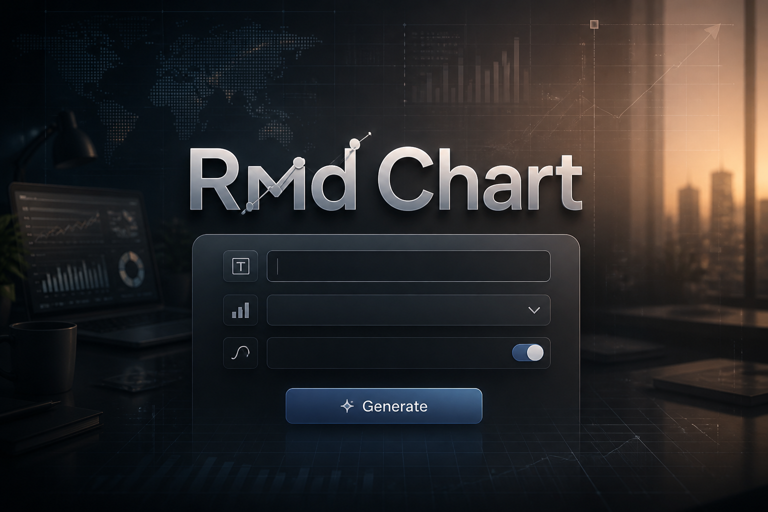 Centered hero image for Rmd Chart with soft-shadow title, a sleek chart generator UI showing chart title field, chart type dropdown, data smoothing toggle, and Generate button, plus abstract analytics dashboard design and chart builder interface aesthetics.
