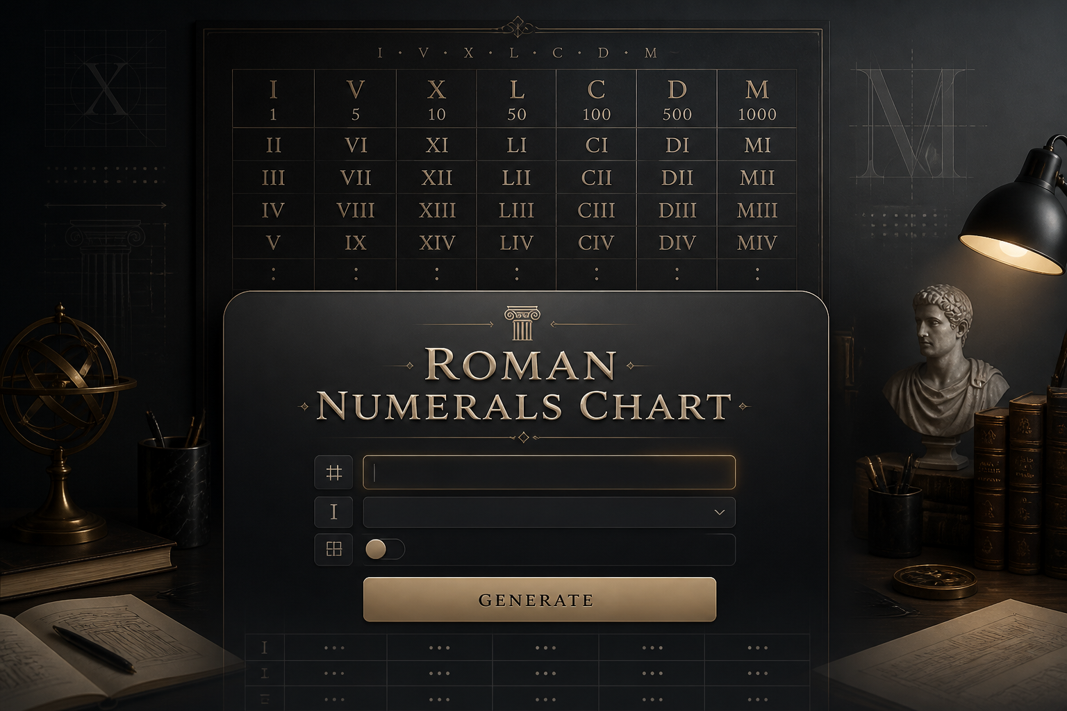 Centered hero image with the title Roman Numerals Chart above a sleek form with number input, numeral style dropdown, compact view toggle, and Generate button, plus a premium roman numerals chart reference panel in the background.