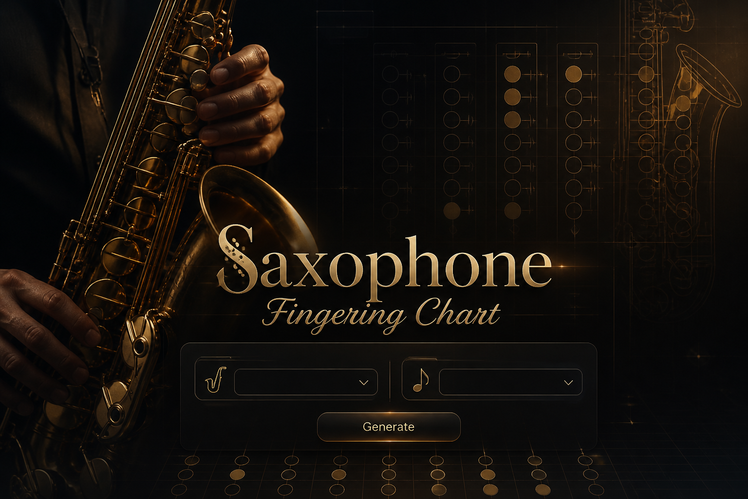 A polished hero image shows a saxophone fingering chart tool with the title centered in soft shadow above a sleek panel, saxophone type and note dropdowns, and a Generate button over a realistic saxophone background with faint grid lines.
