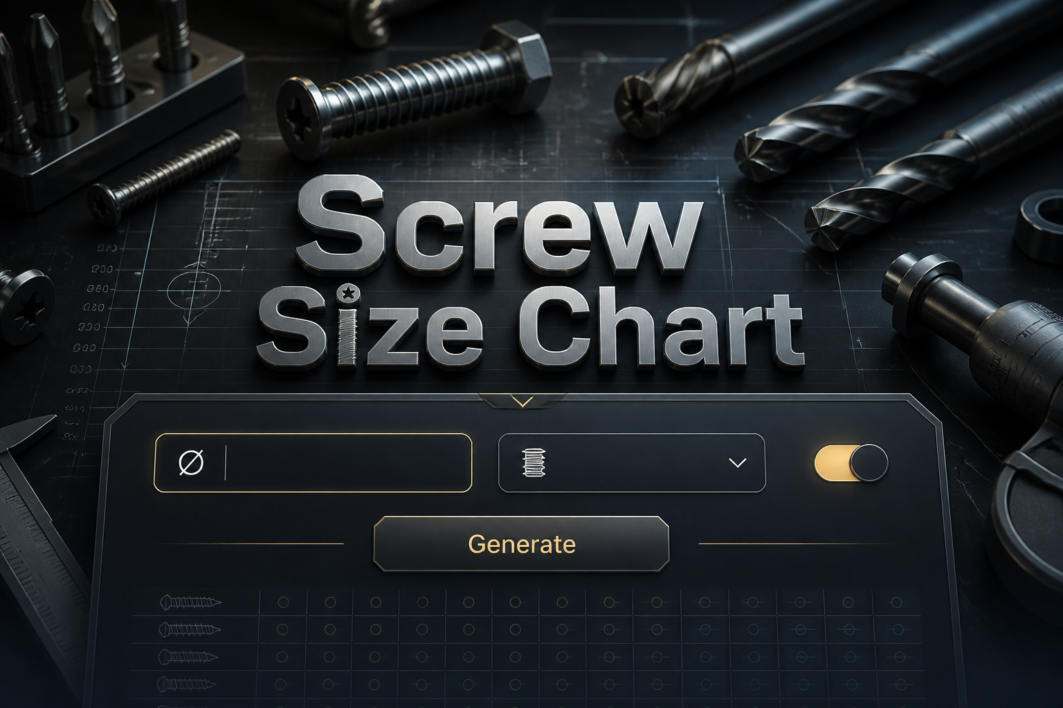 Featured hero image for a screw size chart tool with "Screw Size Chart" text, screw diameter input, thread type dropdown, unit toggle, and Generate button over a metallic background of screws and drill bits, ideal for screw size chart reference and screw thread size guide.