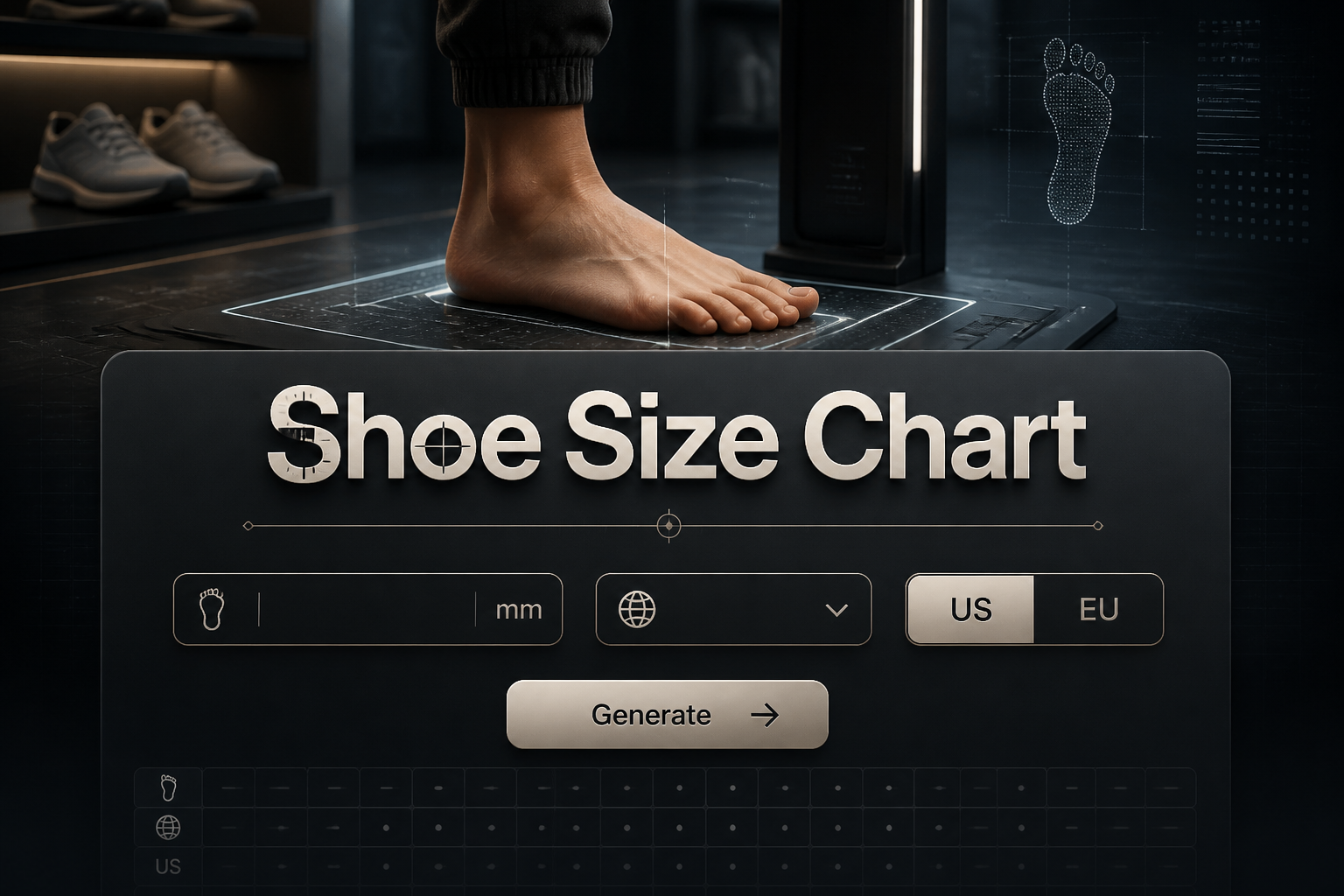 Centered premium hero graphic for a shoe size chart tool with the title Shoe Size Chart, a foot length input, shoe system dropdown, size toggle, and Generate button, set over a sleek shoe fitting station with faint grid lines.