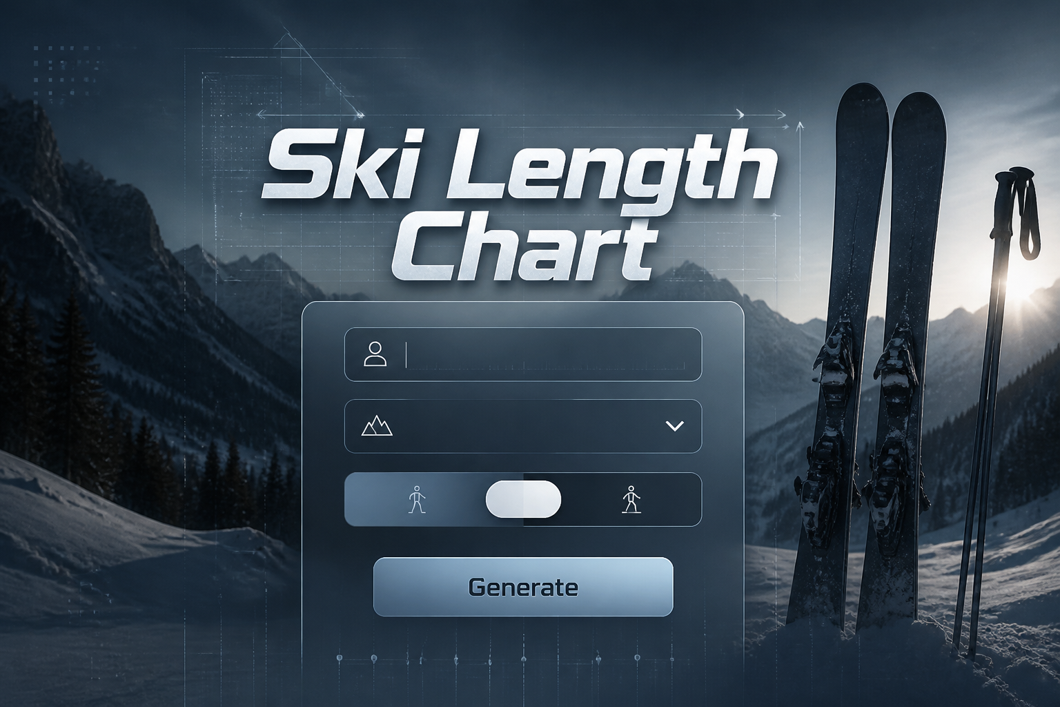 A polished hero image shows a Ski Length Chart title above a sleek ski height input, skier type dropdown, toggle switch, and Generate button over a fading winter slope with subtle grid lines, ideal for ski length chart by height and skill level.