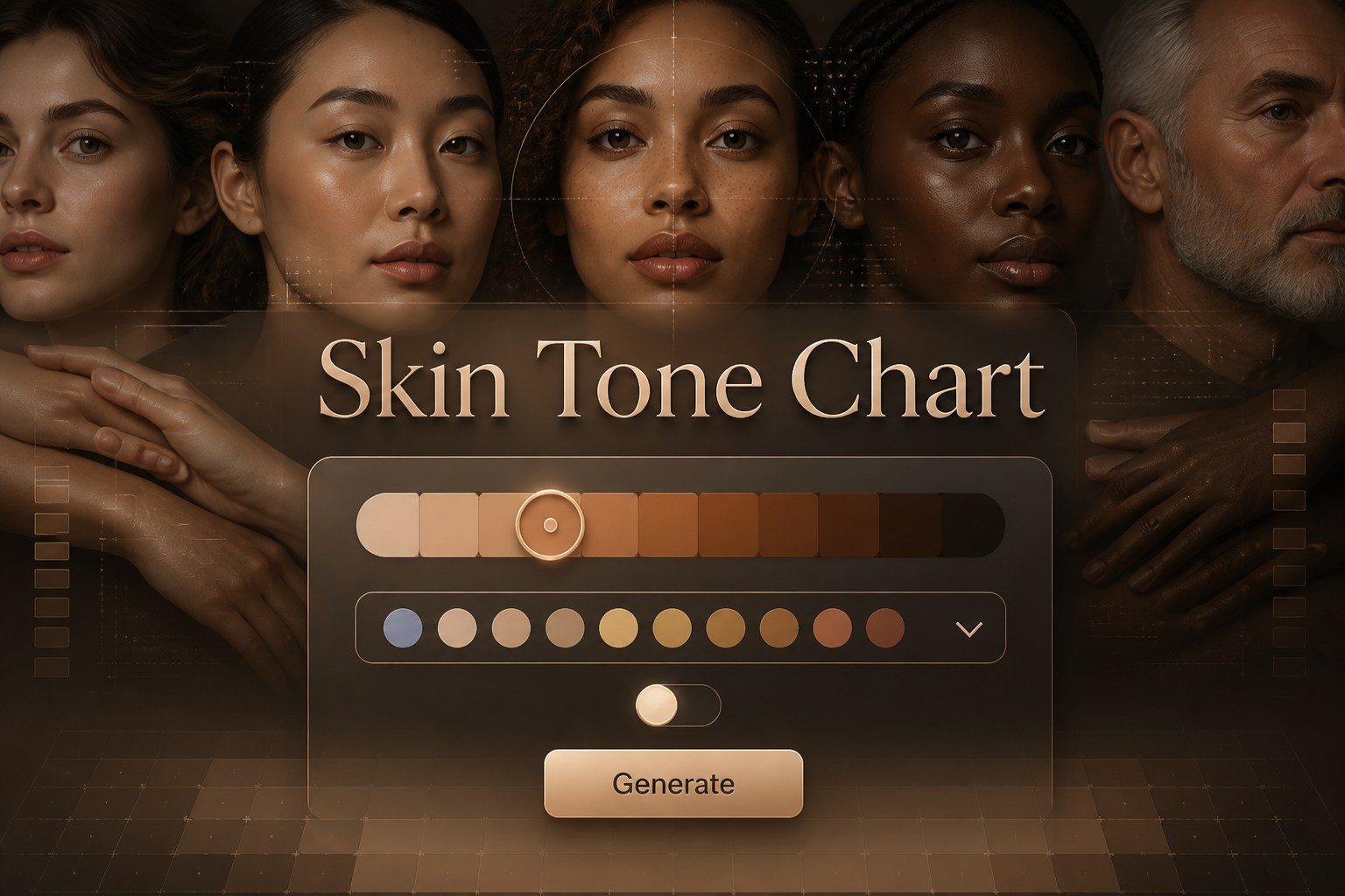 Centered hero graphic for a skin tone chart tool with the text Skin Tone Chart, a skin tone selector, undertone dropdown, compare toggle, and Generate button, set over a warm diverse complexion reference scene with subtle grid details.