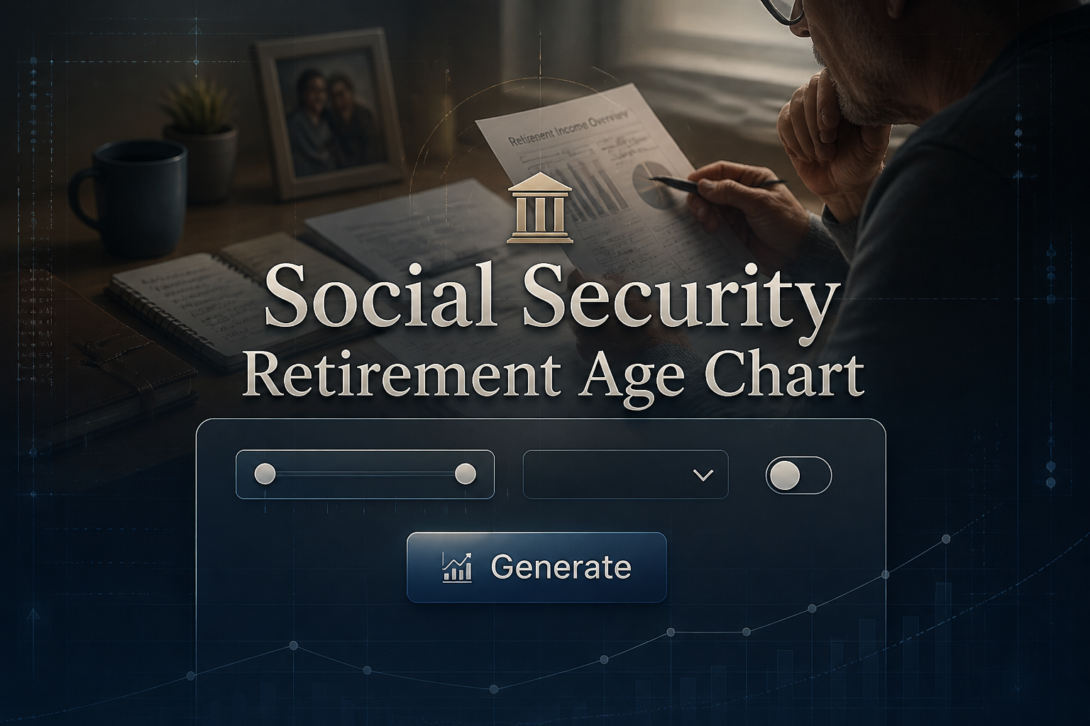 Centered hero graphic with the title Social Security Retirement Age Chart above a sleek retirement age calculator UI, showing an age range field, retirement category dropdown, benefit timing toggle, and Generate button over a retirement planning desk scene.
