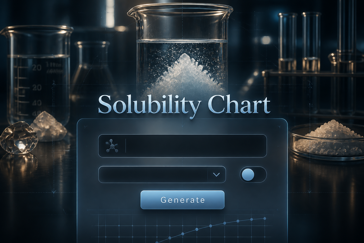 Centered hero UI for a solubility chart tool with the title Solubility Chart, a compound input, temperature dropdown, water toggle, and Generate button over a lab scene with beakers, dissolved crystals, and faint grid lines for a chemistry solubility table generator.