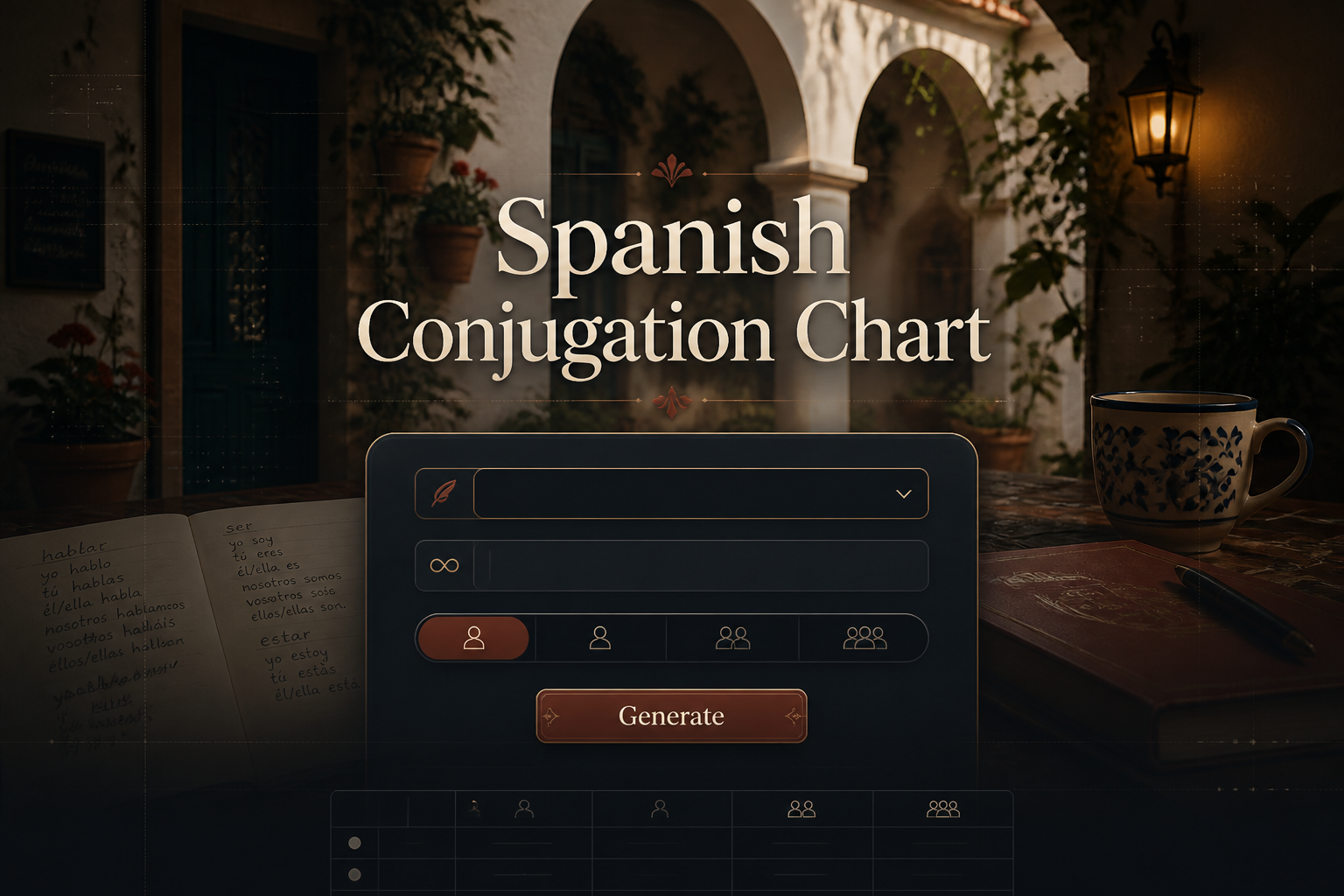 Spanish Conjugation Chart hero image with sleek smart UI panel, visible Generate button, tense dropdown, infinitive input, and person toggle over a modern language learning interface for verb conjugation chart and Spanish verb conjugation tool.