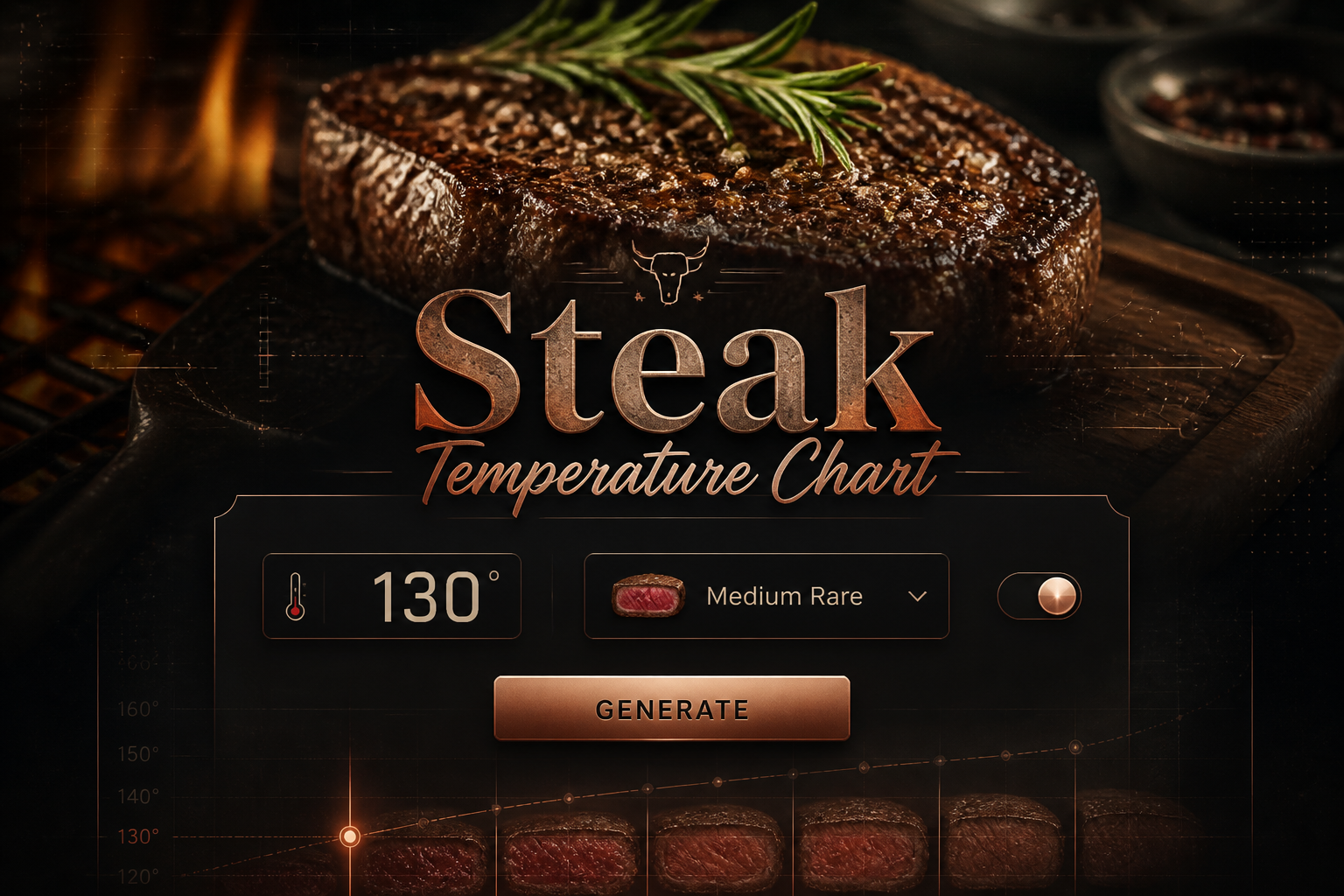 Centered hero image with "Steak Temperature Chart" in a sleek UI panel, a temperature input, doneness dropdown, metric/Fahrenheit toggle, and Generate button over a warm steak-on-grill scene, perfect for a steak doneness temperature guide and beef internal temperature chart.