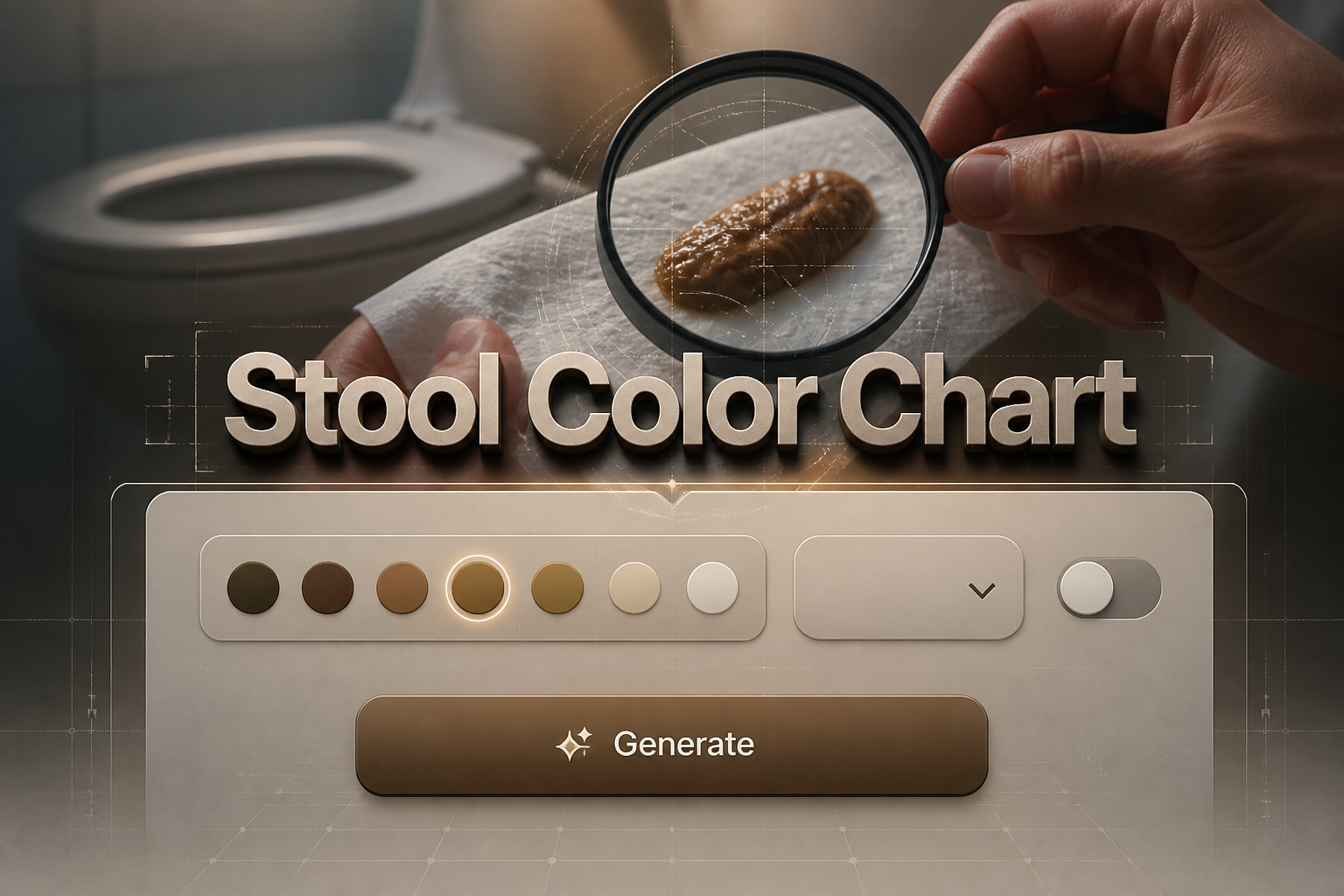 Featured hero image for a stool color chart tool with the title "Stool Color Chart," a centered UI panel showing a stool color selector, age range dropdown, symptom toggle, and Generate button, over a high-contrast real-life stool observation background.