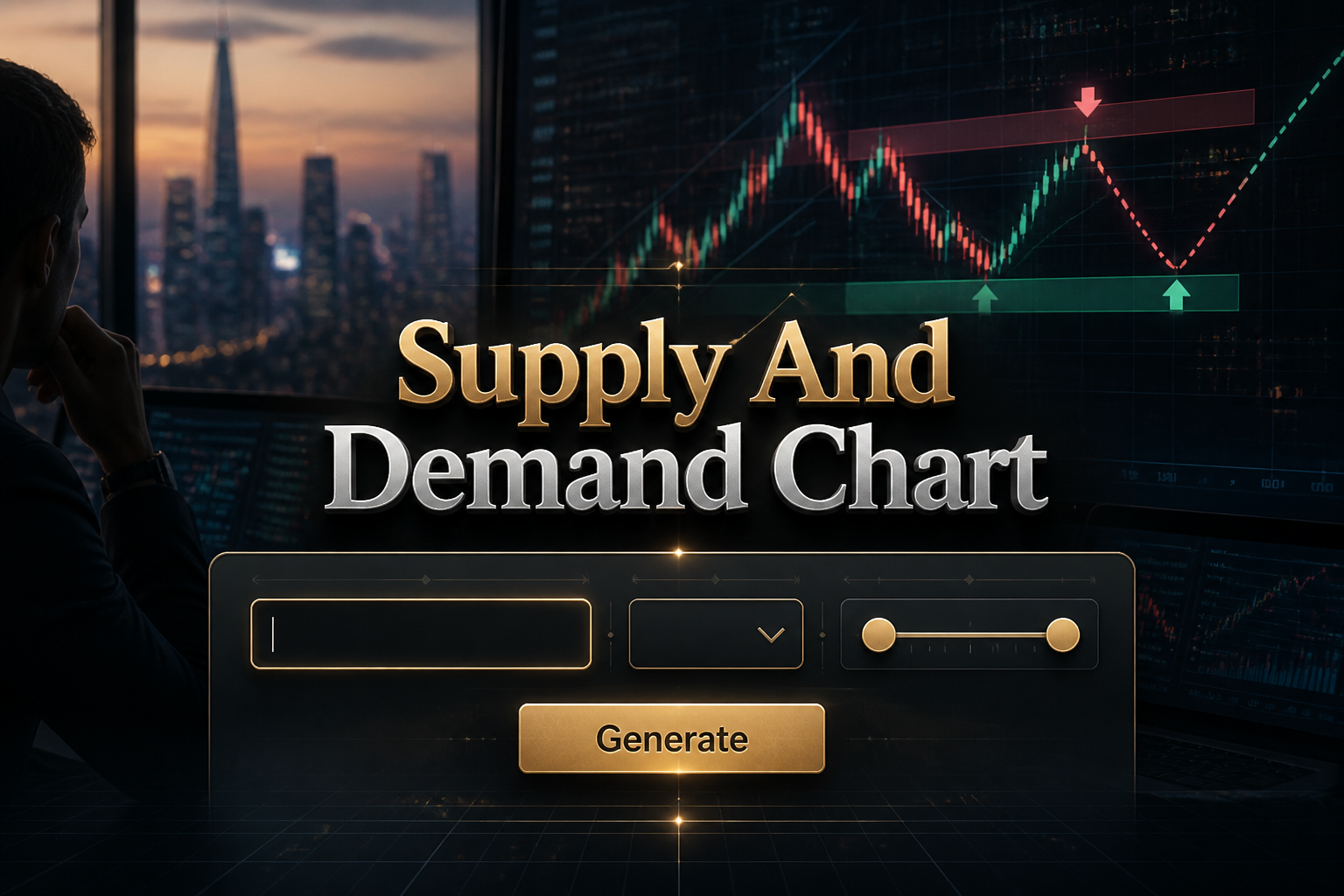 Featured hero graphic for a supply and demand chart tool showing the title "Supply And Demand Chart," a centered asset pair input, minimal selector and range toggle, plus a "Generate" button over a polished market-analysis UI.