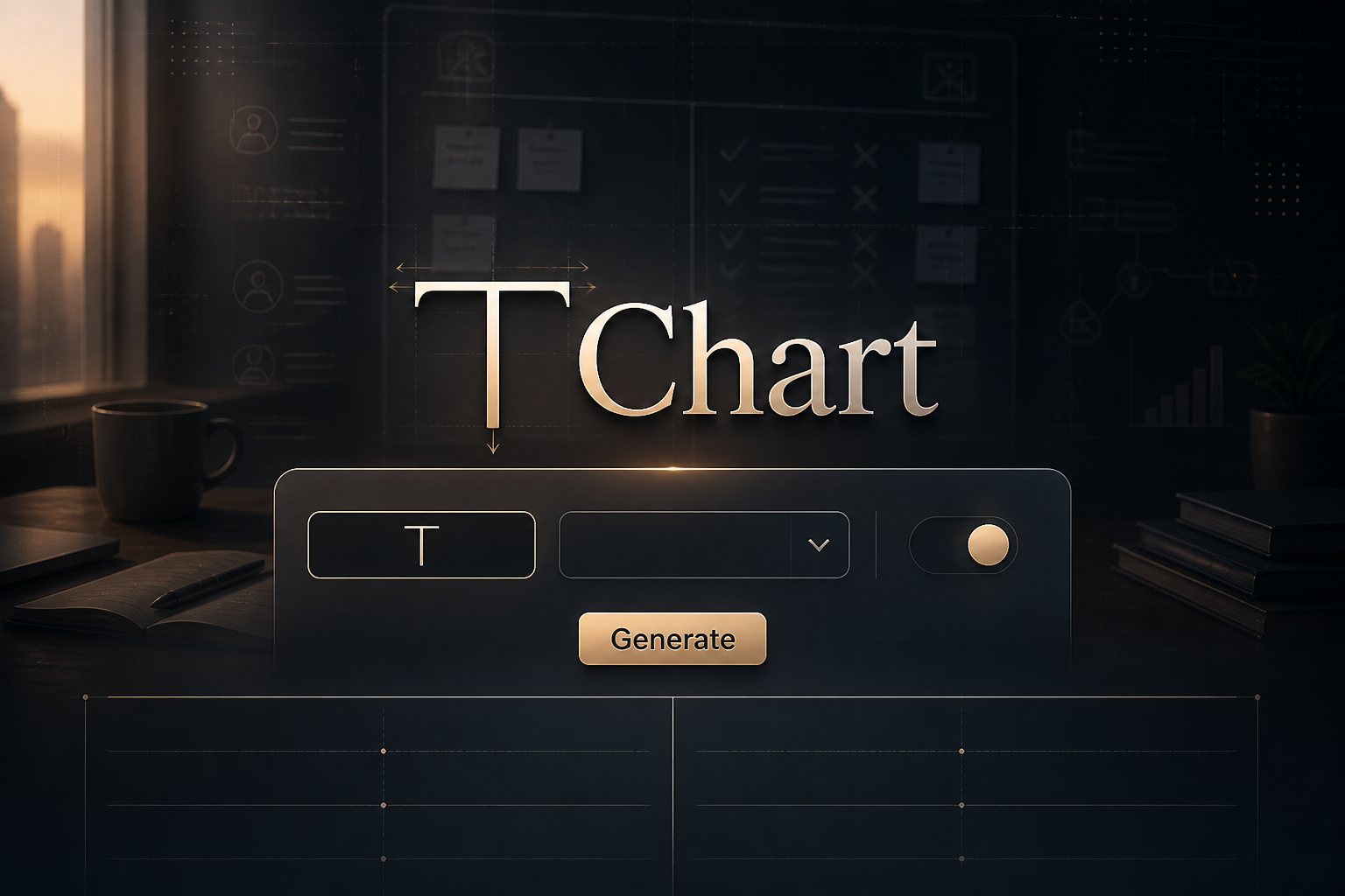 Centered hero graphic for a T Chart tool with the words T Chart in a sleek shadowed UI panel, a left label input, comparison dropdown, balanced column toggle, and Generate button, set over a polished comparison grid background.