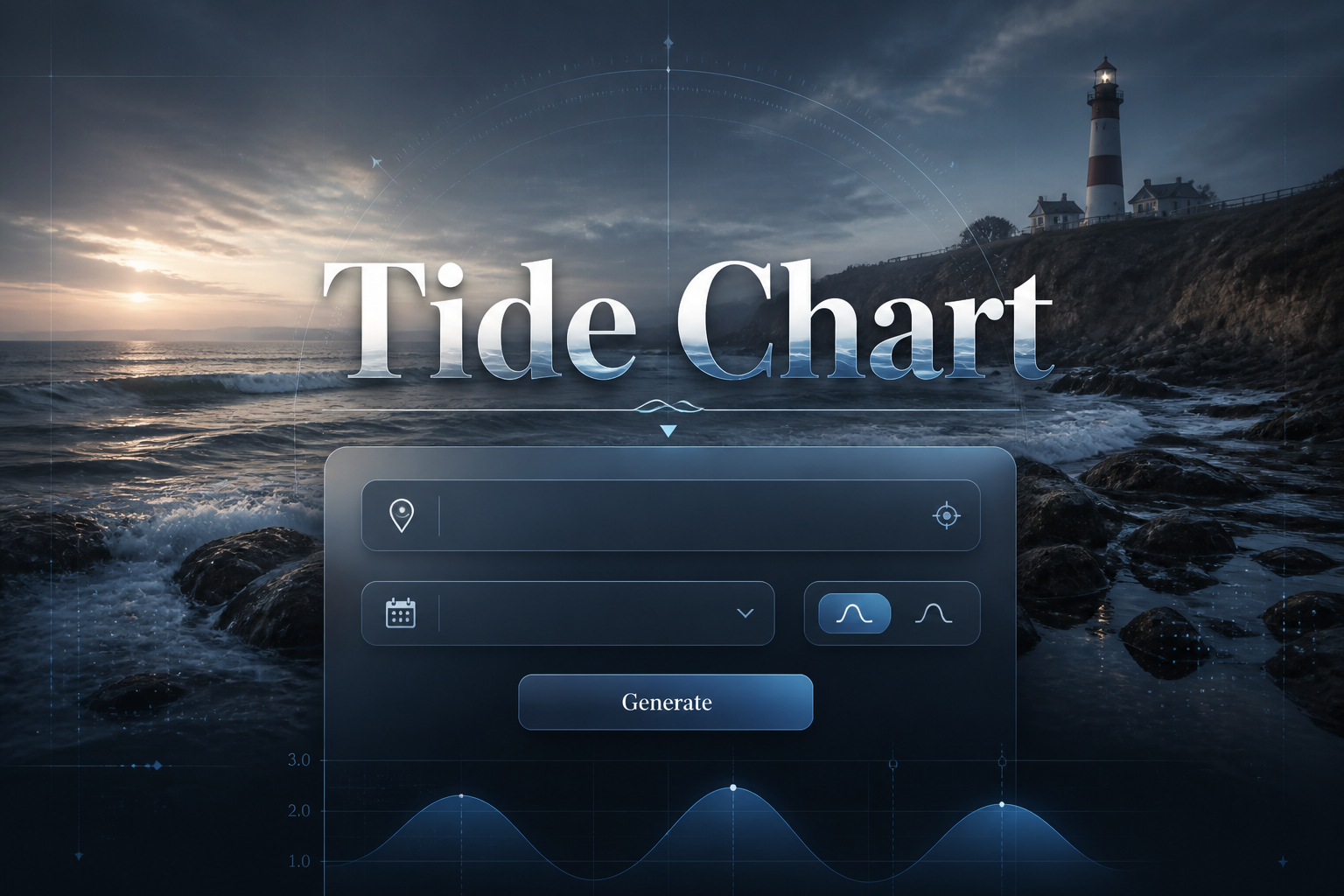 Stylish Tide Chart hero image with a centered UI panel, tide location input, date range dropdown, tide mode toggle, and Generate button over a coastal wave background, ideal for tide chart tool and tide table planning.