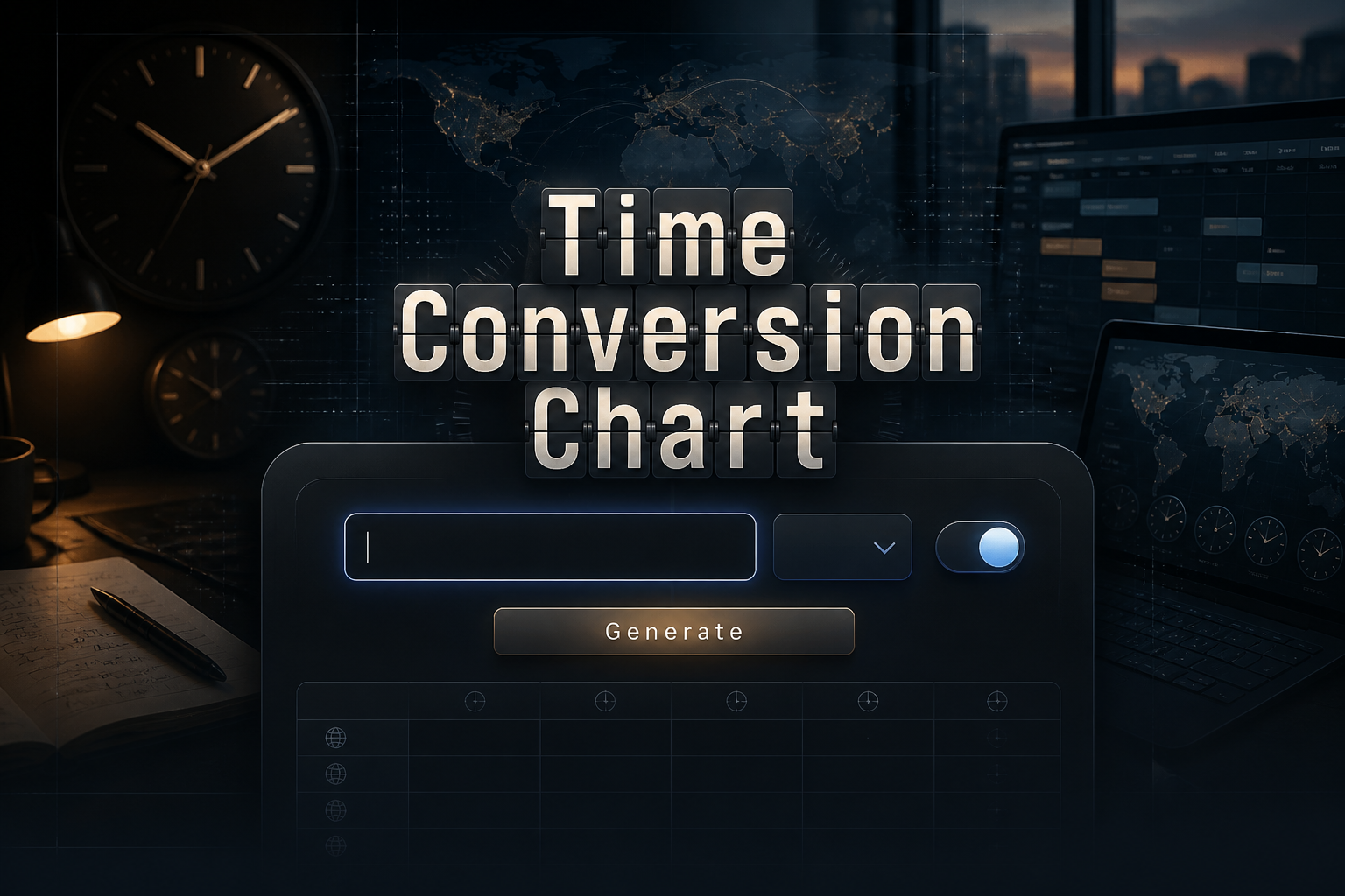 Centered featured hero for a time conversion chart tool shows the text Time Conversion Chart above a sleek UI panel with a time value field, unit dropdown, 12-hour/24-hour toggle, and Generate button over clocks and scheduling visuals.