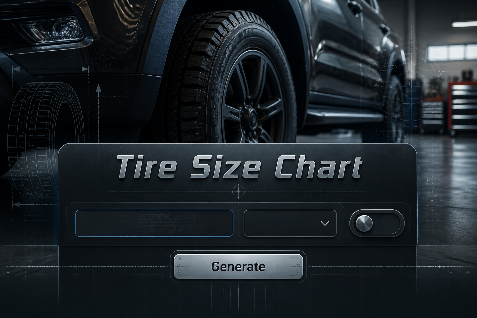 Hero image for a tire size chart tool with centered "Tire Size Chart" text, a tire size calculator UI panel with input field, dropdown, toggle, and Generate button, set over a realistic automotive garage scene for accurate tire size conversion.