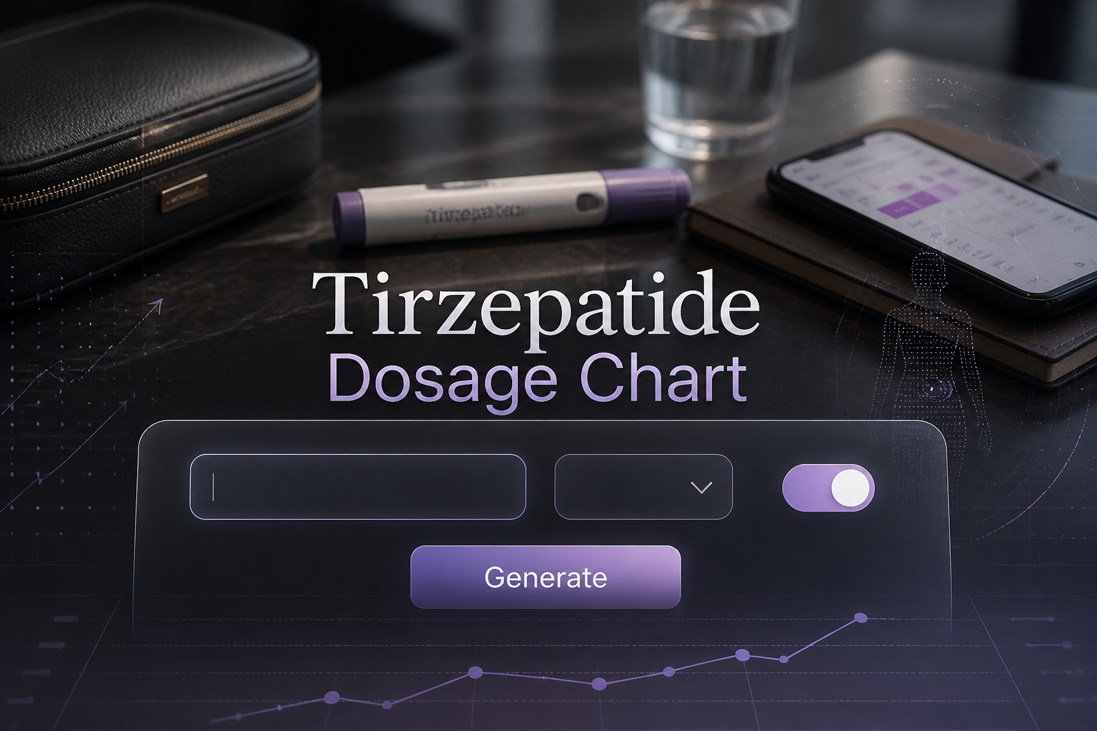 Centered hero UI with the title Tirzepatide Dosage Chart, a dosage input, dosage unit dropdown, stage toggle, and Generate button over a sleek medication-planning background, highlighting tirzepatide dosage chart and tirzepatide dosing tool design.