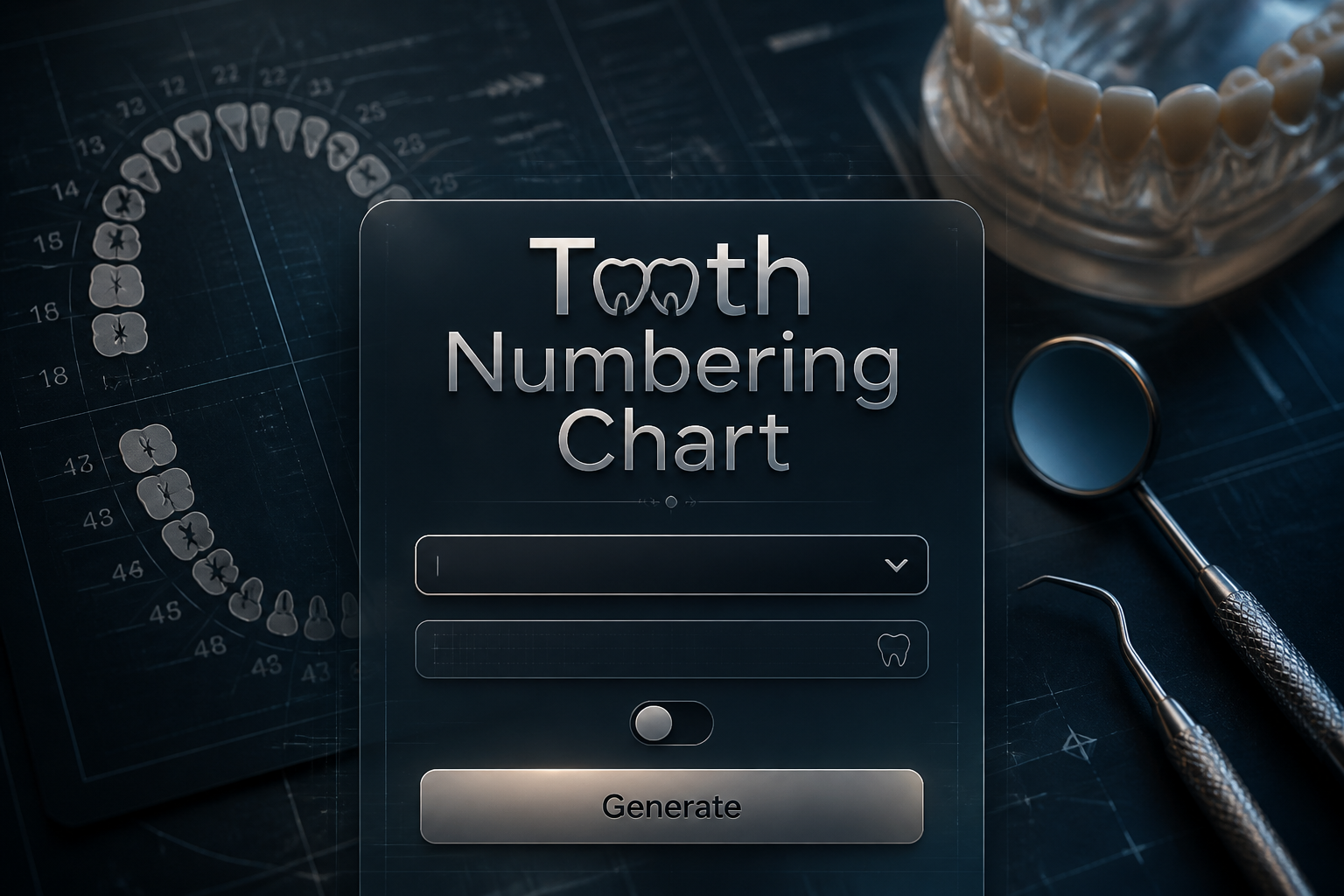 Featured hero image for a tooth numbering chart tool with the title Tooth Numbering Chart, a dropdown for tooth numbering system, a tooth selection input, a small toggle, and a Generate button over a polished dental chart UI background.