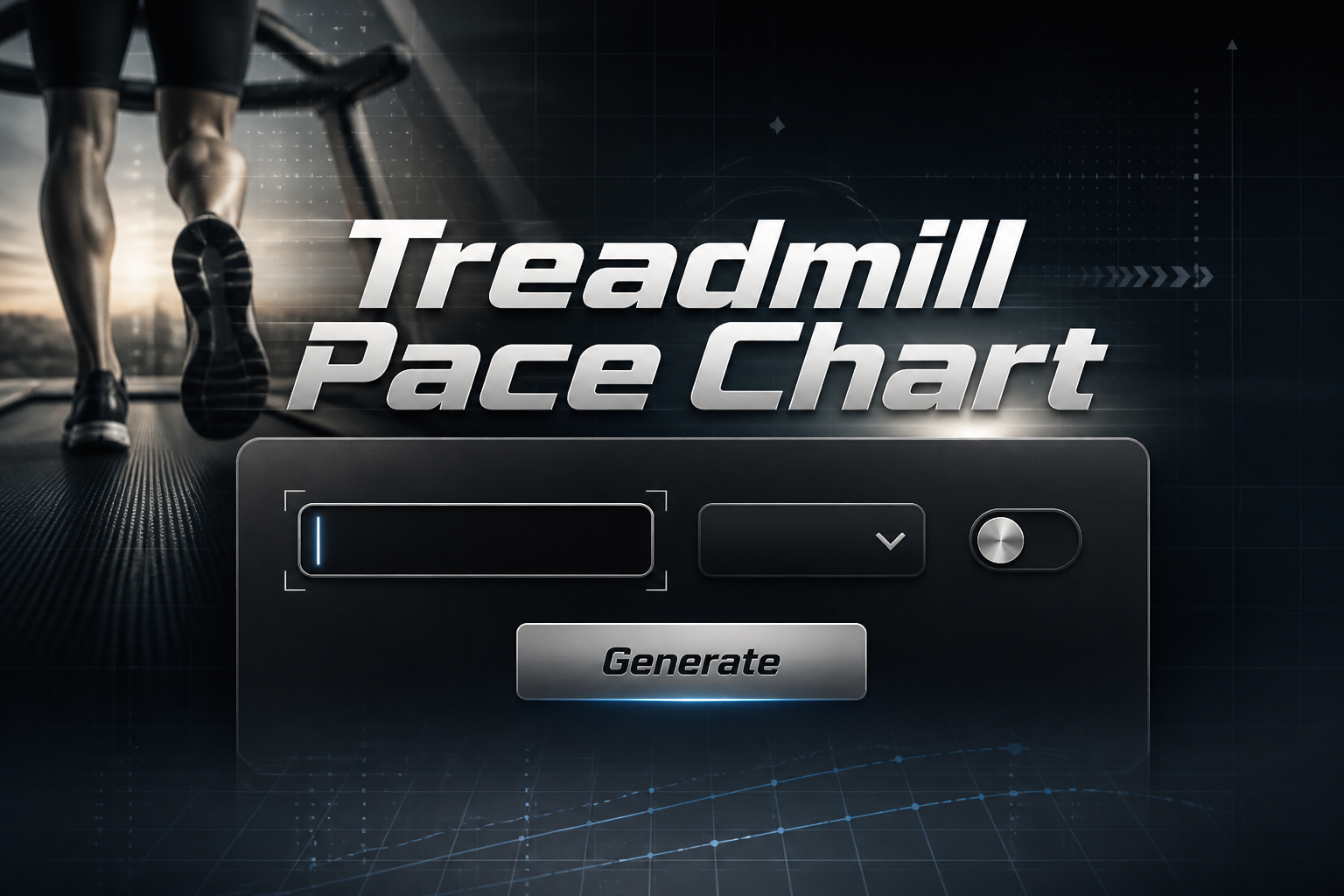 Premium hero graphic with "Treadmill Pace Chart" centered over a sleek pace-chart tool panel featuring a pace input, distance dropdown, unit toggle, and Generate button, set against a dark running track background with subtle grid lines.