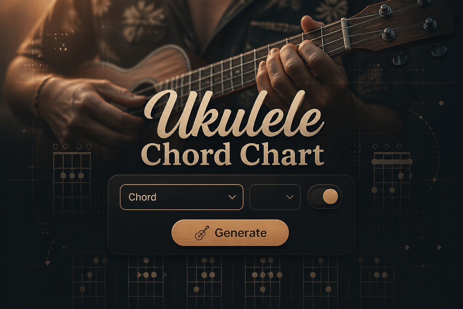 Centered hero graphic for a ukulele chord chart tool with the title "Ukulele Chord Chart," a chord selector labeled Chord, tuning dropdown, toggle switch, and Generate button over a faint background of a person holding a ukulele with subtle grid lines.