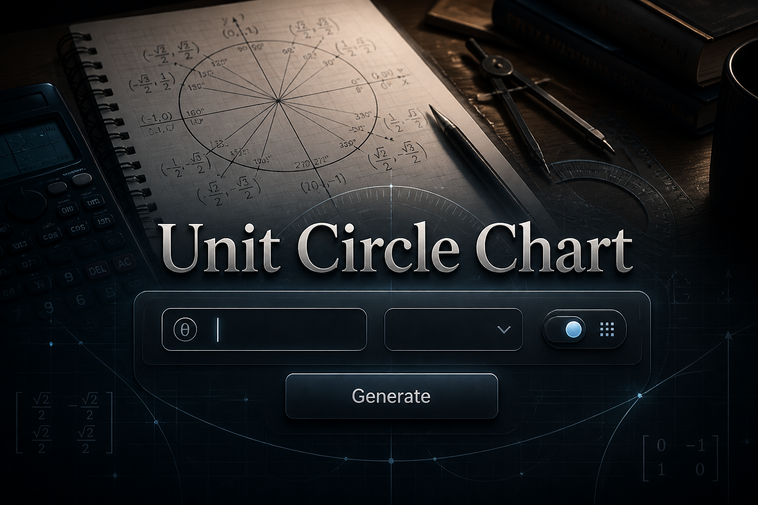 Centered hero image of a polished Unit Circle Chart interface over a classroom geometry desk, with an angle input, degree/radian dropdown, labels toggle, and Generate button, ideal for a printable unit circle chart and unit circle chart tool.