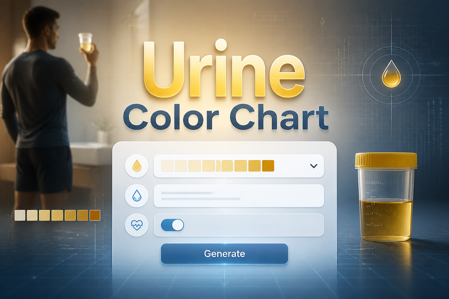Featured hero image of a urine color chart tool with a centered UI panel, dropdown for urine shade, hydration note field, symptom awareness toggle, and Generate button, set over a sleek medical background for urine color assessment.