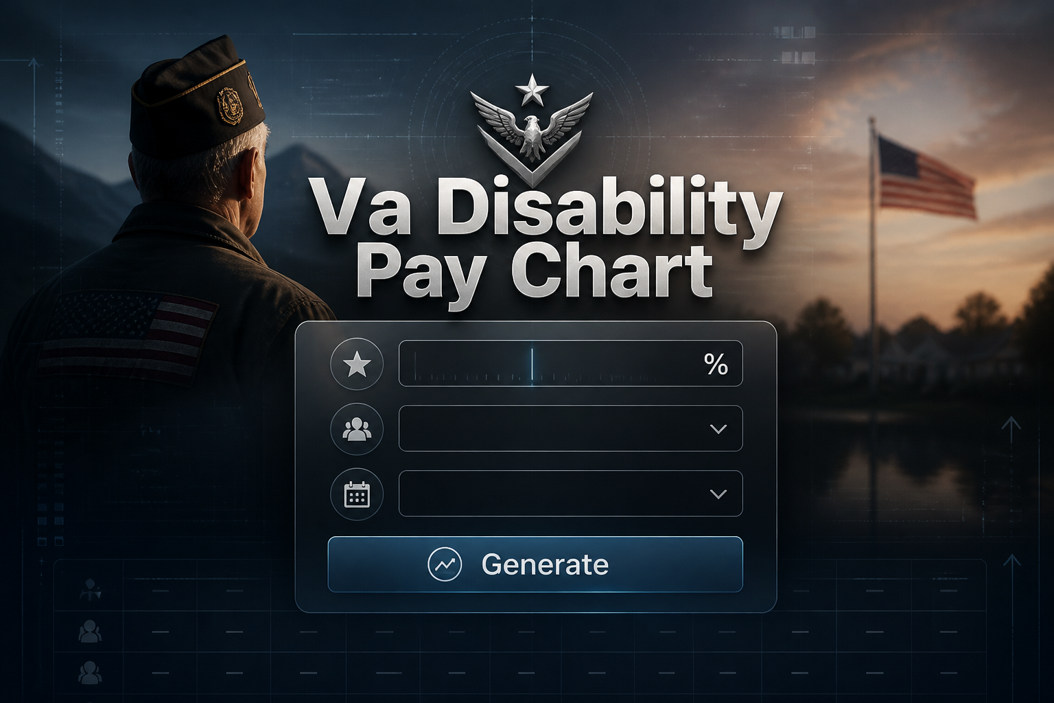 Featured hero graphic for a va disability pay chart tool, showing a centered UI panel with disability rating input, dependency status and pay period dropdowns, and a Generate button over a veteran compensation-themed background.