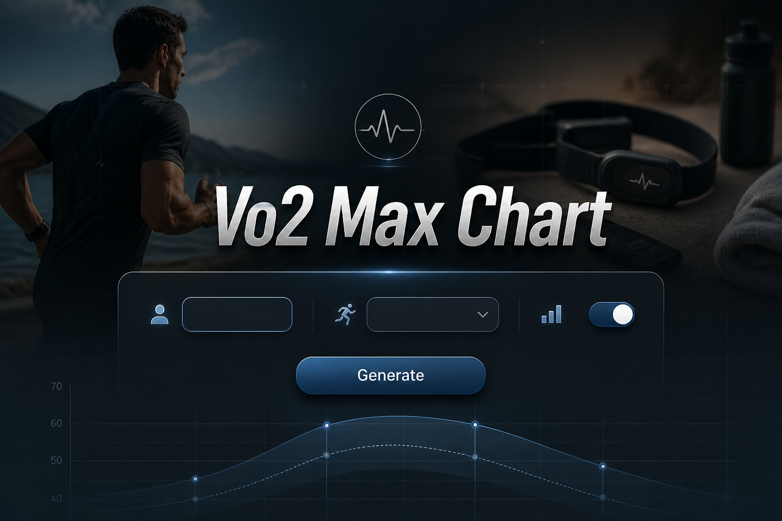 Featured hero image of a Vo2 Max Chart tool showing a centered premium UI panel with age input, activity level dropdown, show ranges toggle, and Generate button over a deep fitness scene with subtle grid lines and chart cues.