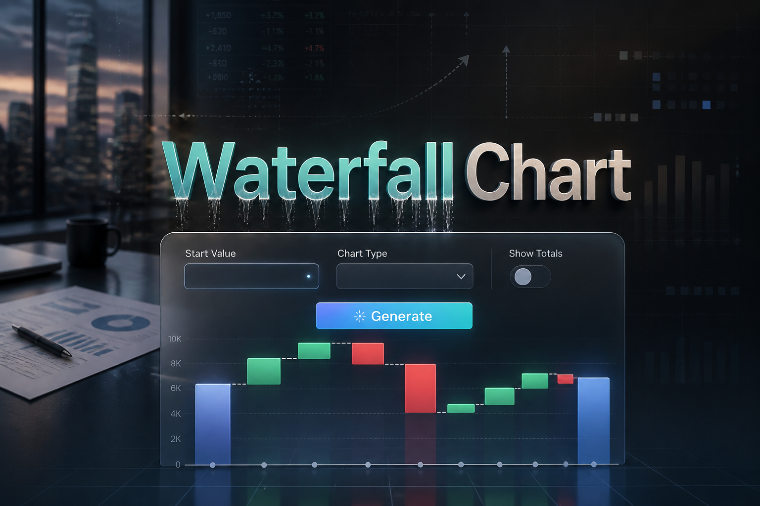 Centered hero image for a waterfall chart tool with the title Waterfall Chart, a start value input, chart type dropdown, show totals toggle, Generate button, and a sleek stepped waterfall chart visual in a polished analytics UI.